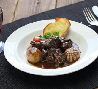 beef bourguignon, beef stewed in red wine
